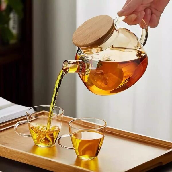 ZROY ENTERISE Borosilicate Round Glass Tea Pot with Heat Resistant Stainless Steel Infuser Perfect for Tea and Coffee Maker, Clear Glass Kettle (1000ml Wooden Lid) - Image 2