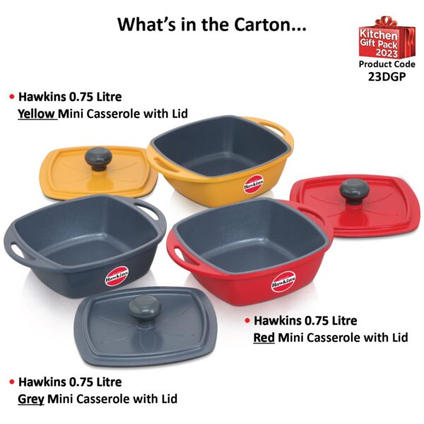 Hawkins Kitchen Gift Pack 2023 (23DGP) 3 Pieces Set of Die-Cast Square Mini Casseroles for Cooking, Reheating, Serving and Storing, Aluminium, Red, Yellow, Grey, 2.25 litre - Image 2